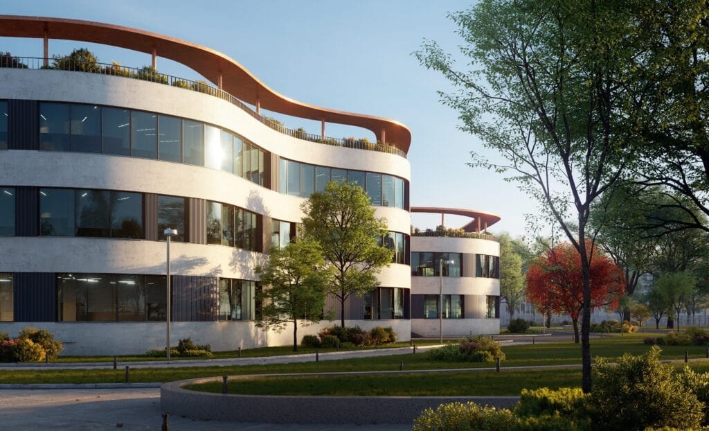 Curved modern office building with large glass windows and a rooftop garden, surrounded by landscaped greenery and trees under a clear blue sky—highlighting sustainable architectural design