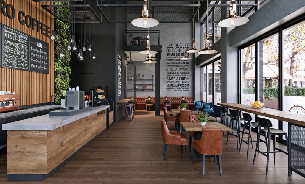 Photorealistic 3D visualization of a modern coffee shop interior. The space features a mix of seating arrangements, a stylish counter with coffee machines, and natural lighting from large windows. Highlights include a vertical garden, contemporary decor, and motivational French text on the walls.