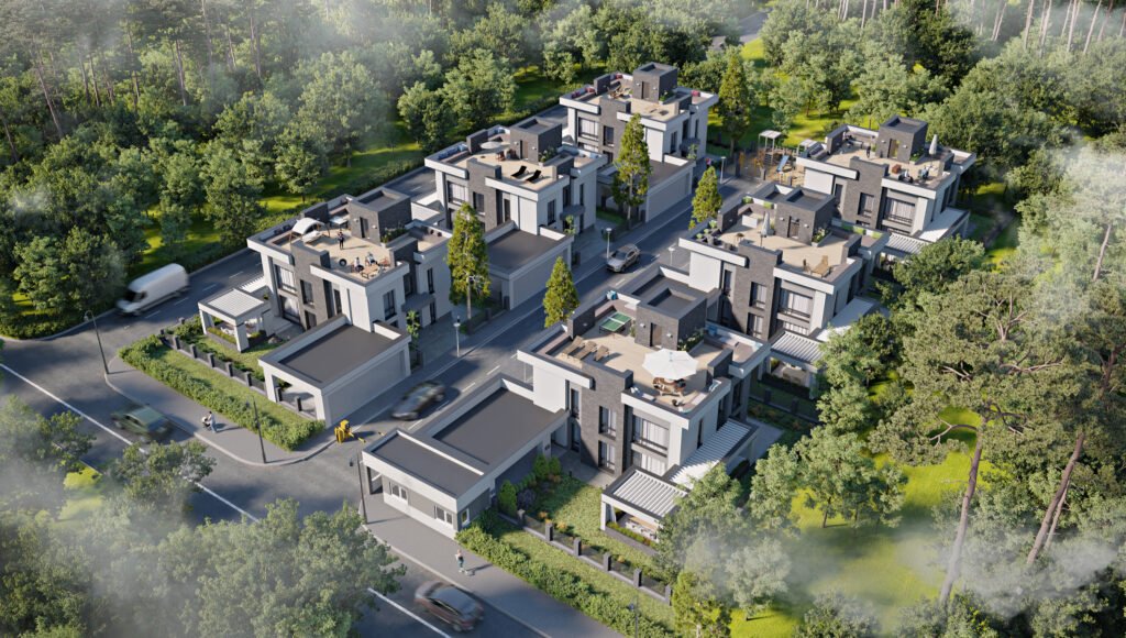 Aerial view of a modern residential complex featuring contemporary two-story houses with flat roofs and rooftop terraces. The homes are arranged in a grid pattern surrounded by lush green forest, creating a serene and eco-friendly environment. Streets within the complex are lined with trees and include small vehicles and pedestrians.
