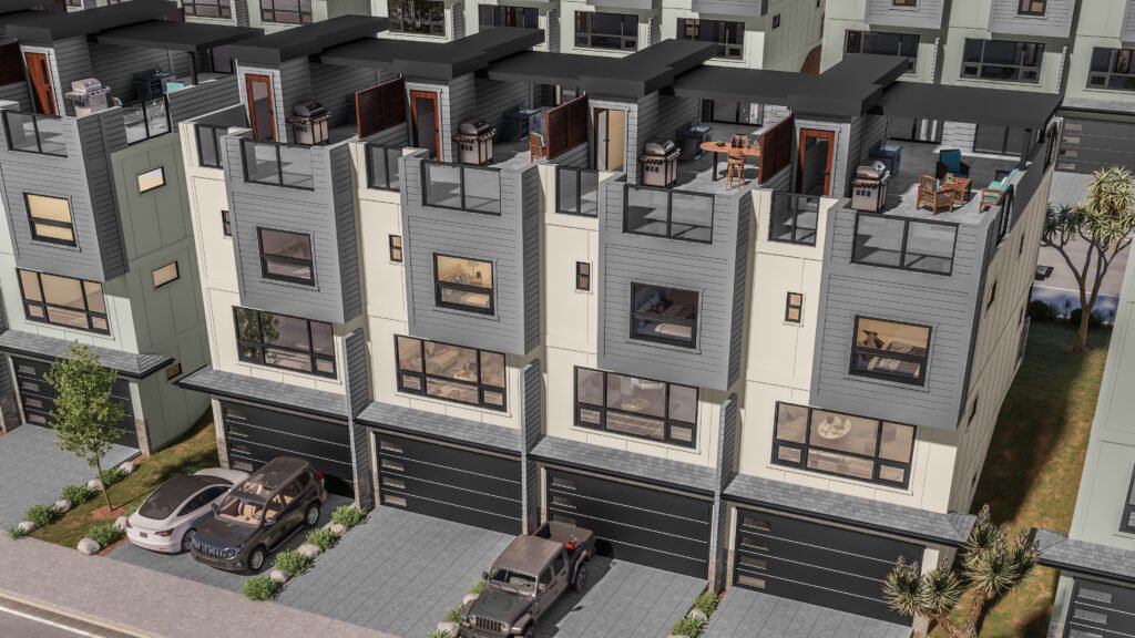 Luxury beachfront properties with modern 3d architectural designs, surrounded by lush greenery and featuring comfortable outdoor seating along a serene coastline.