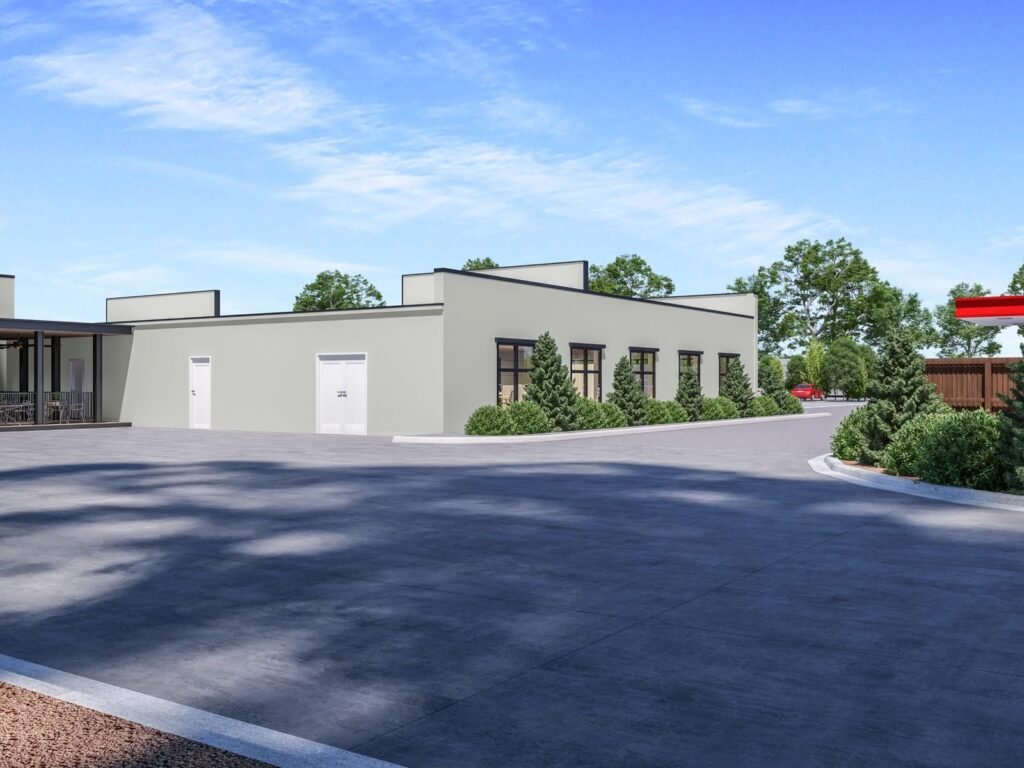 3D exterior rendering of the Canterbury Shopping Center outdoor patio, Wilmington DE