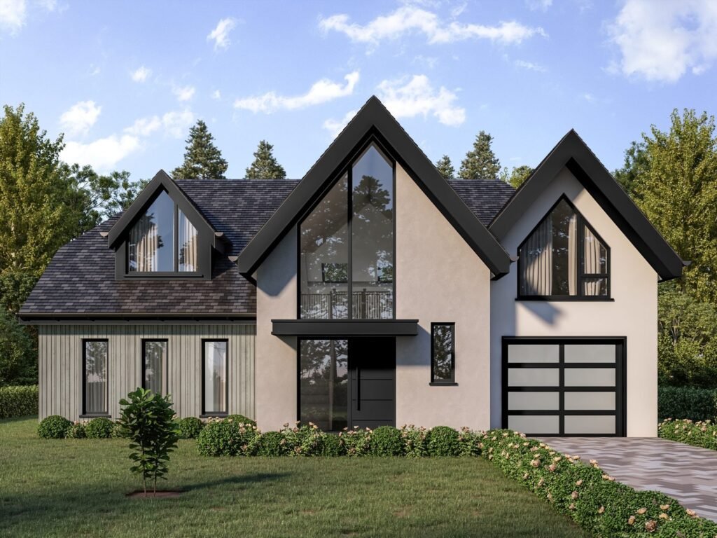 3D exterior rendering of a contemporary new-build home, front elevation