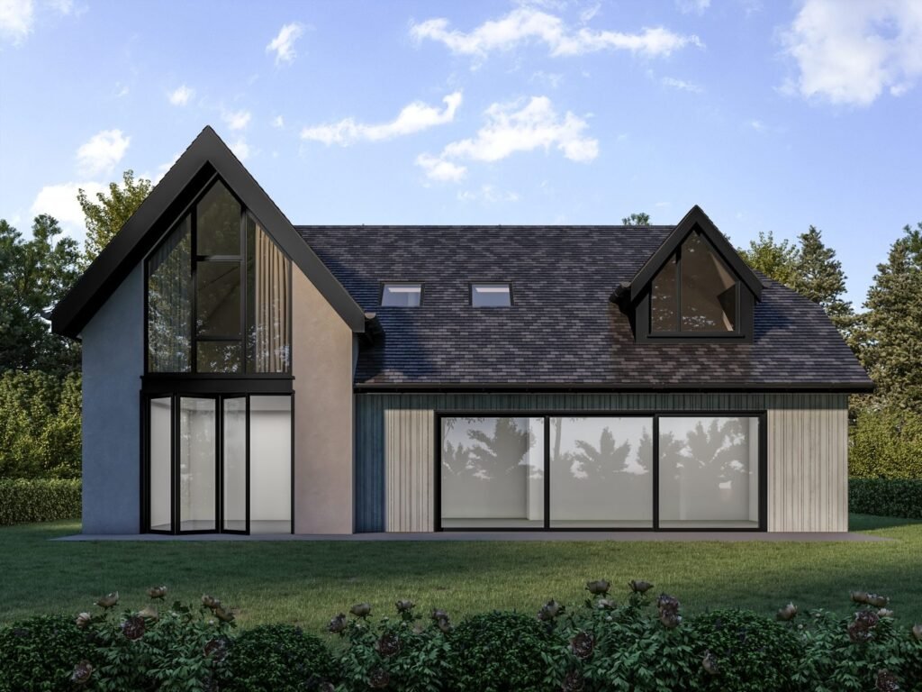 3D exterior rendering of a contemporary new-build home, rear elevation