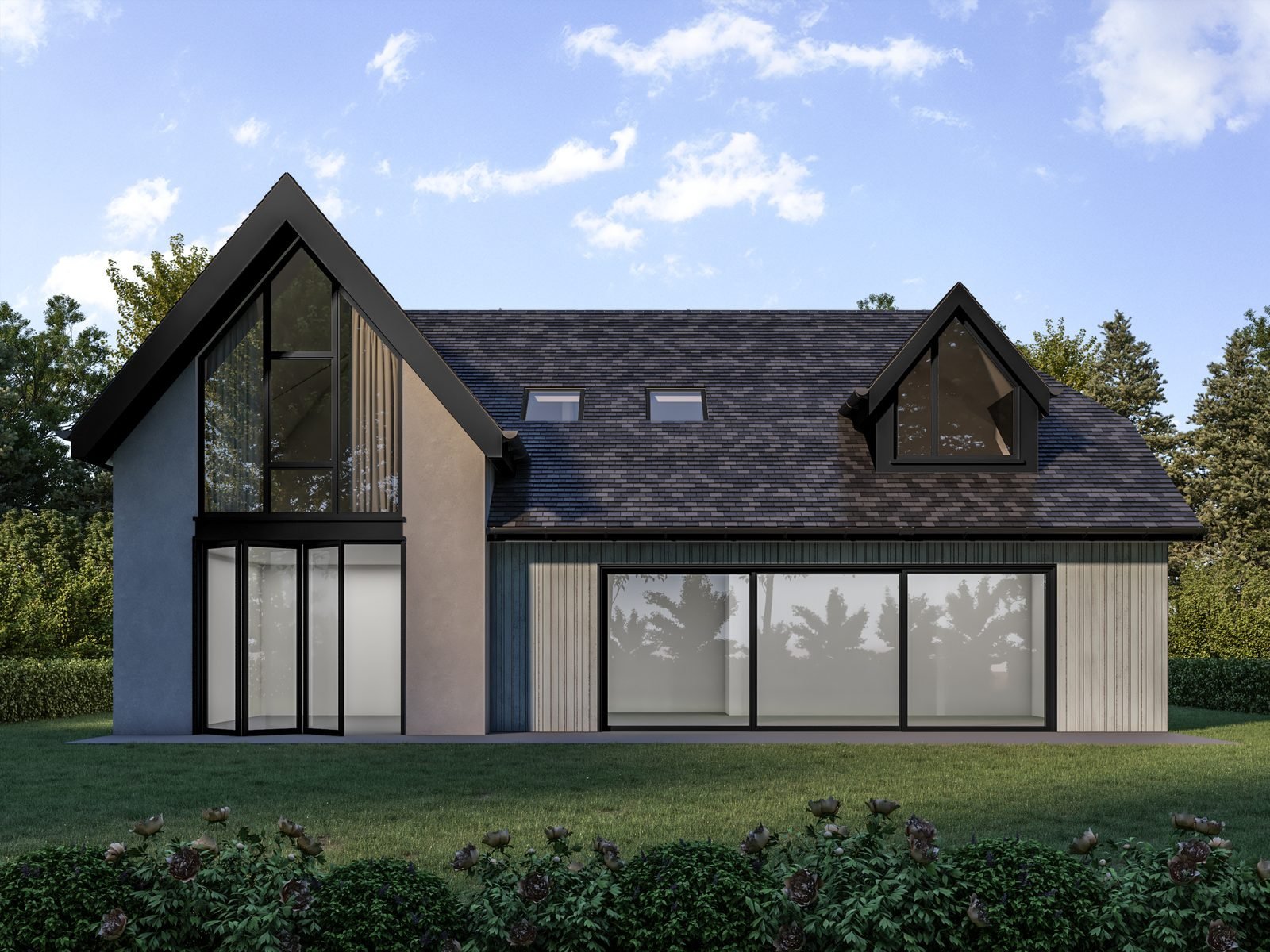 3D exterior rendering of a contemporary new-build home, rear elevation