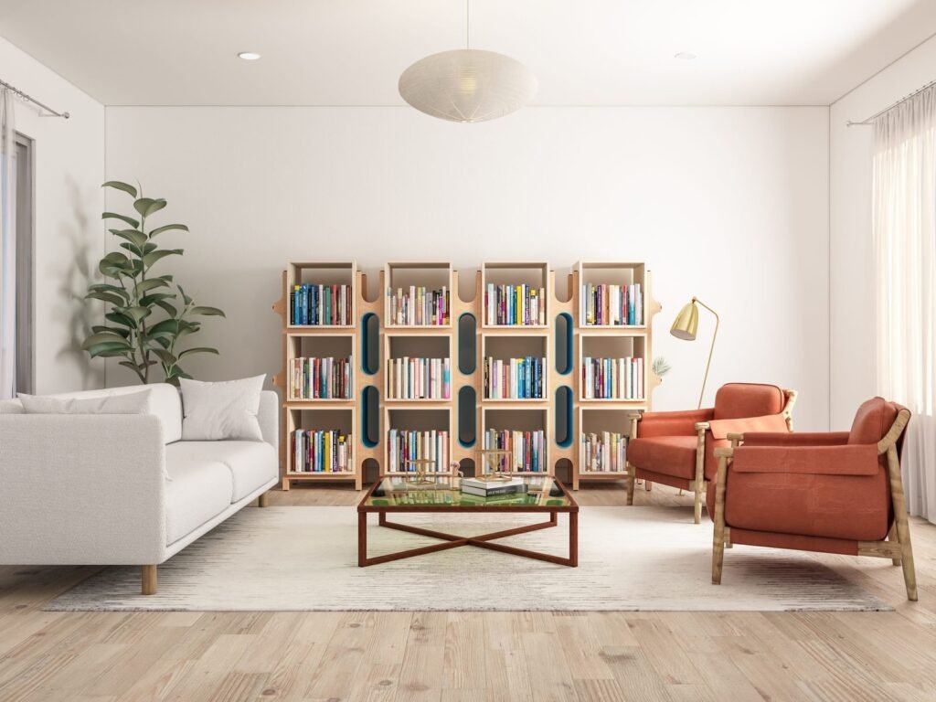 3D product concept rendering of modular shelving in a home library setting