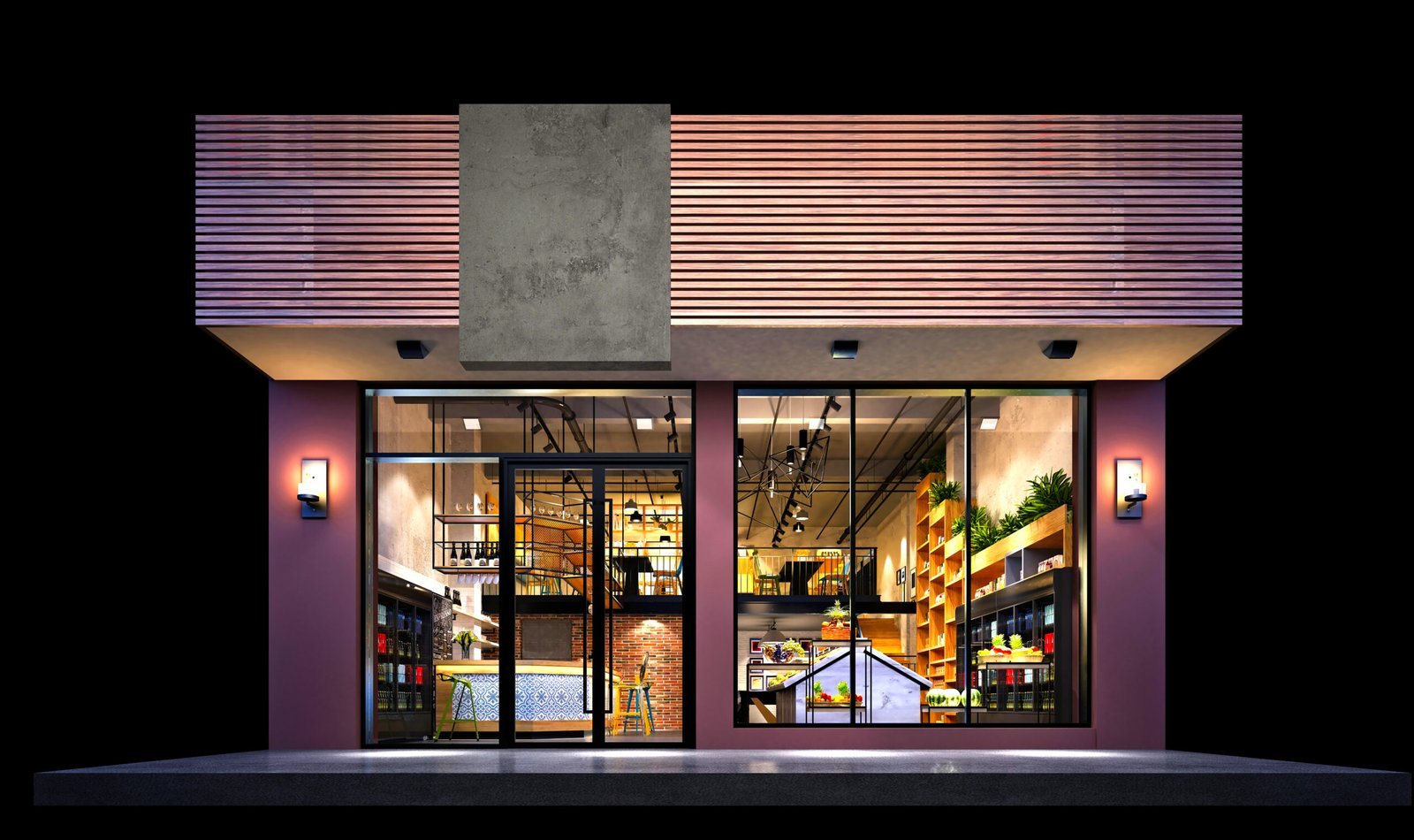 3D exterior CGI rendering of a retail supermarket storefront