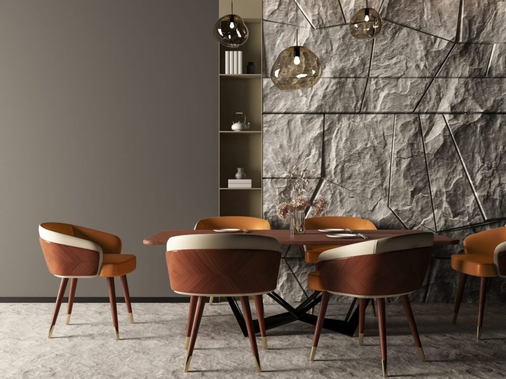 3D product rendering of Scandinavian dining furniture styled in a dining scene