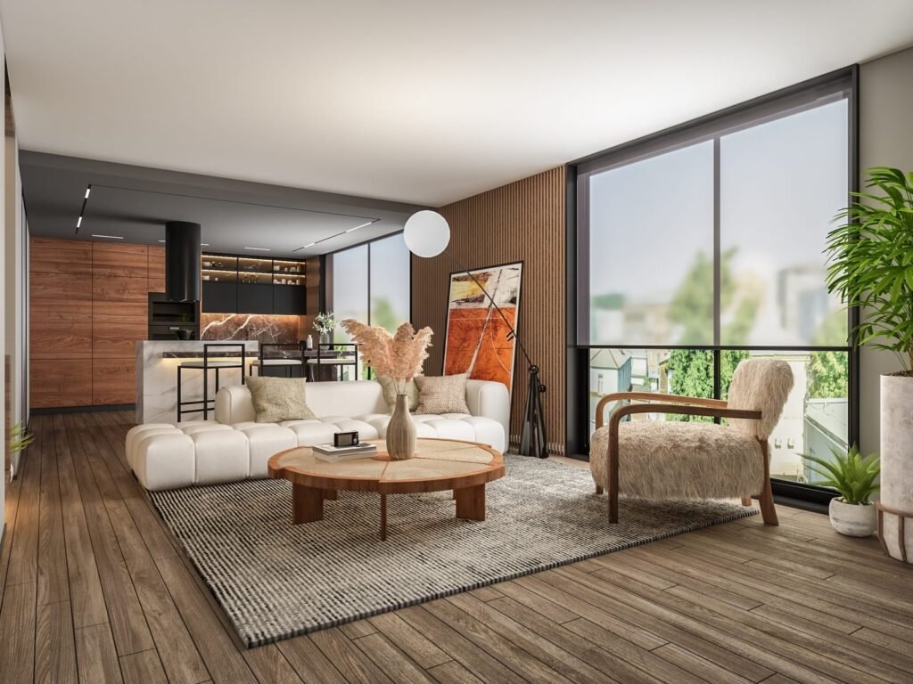 3D product rendering of Scandinavian furniture styled in a living room scene